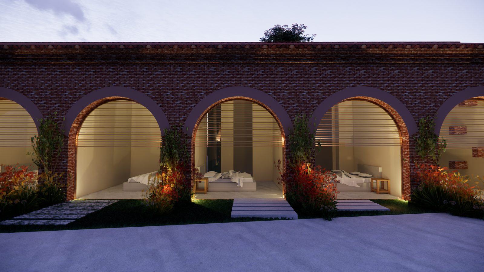Domaine — façade arches éclairées