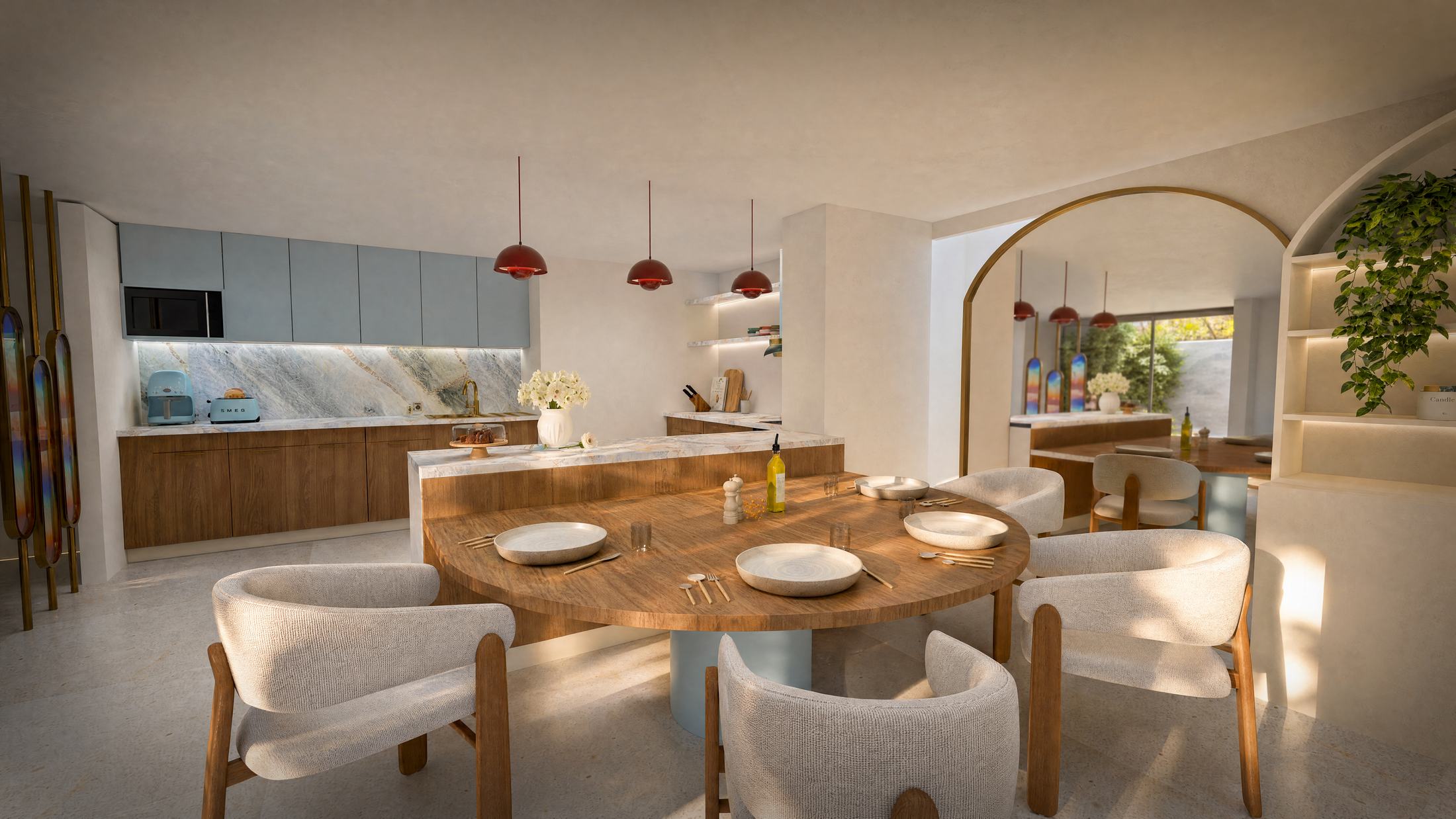 Céleste — façades bleues et bois de la cuisine
