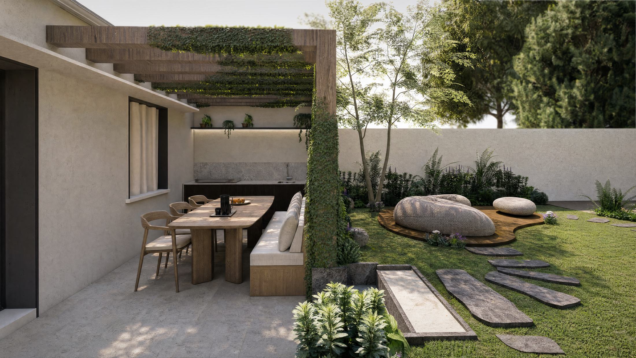 Sylve — terrasse entourée d’une végétation inspirée de la montagne