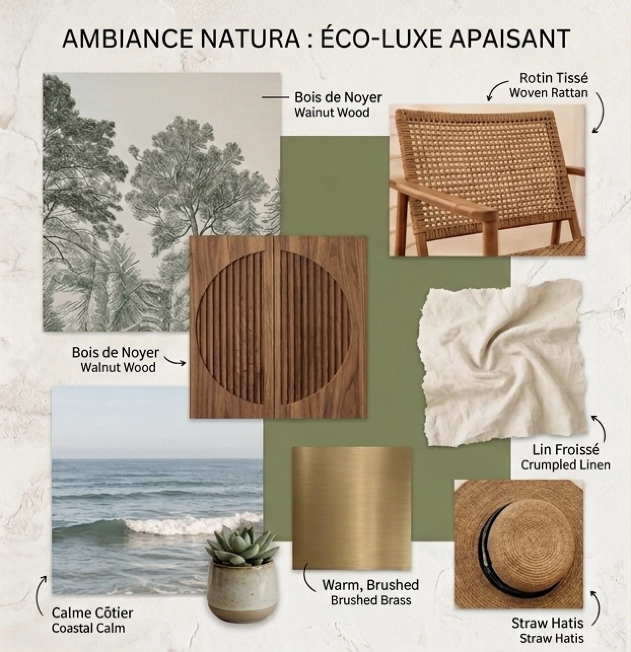 Moodboard Brocéliande — bois de noyer, rotin tissé, lin froissé, laiton brossé