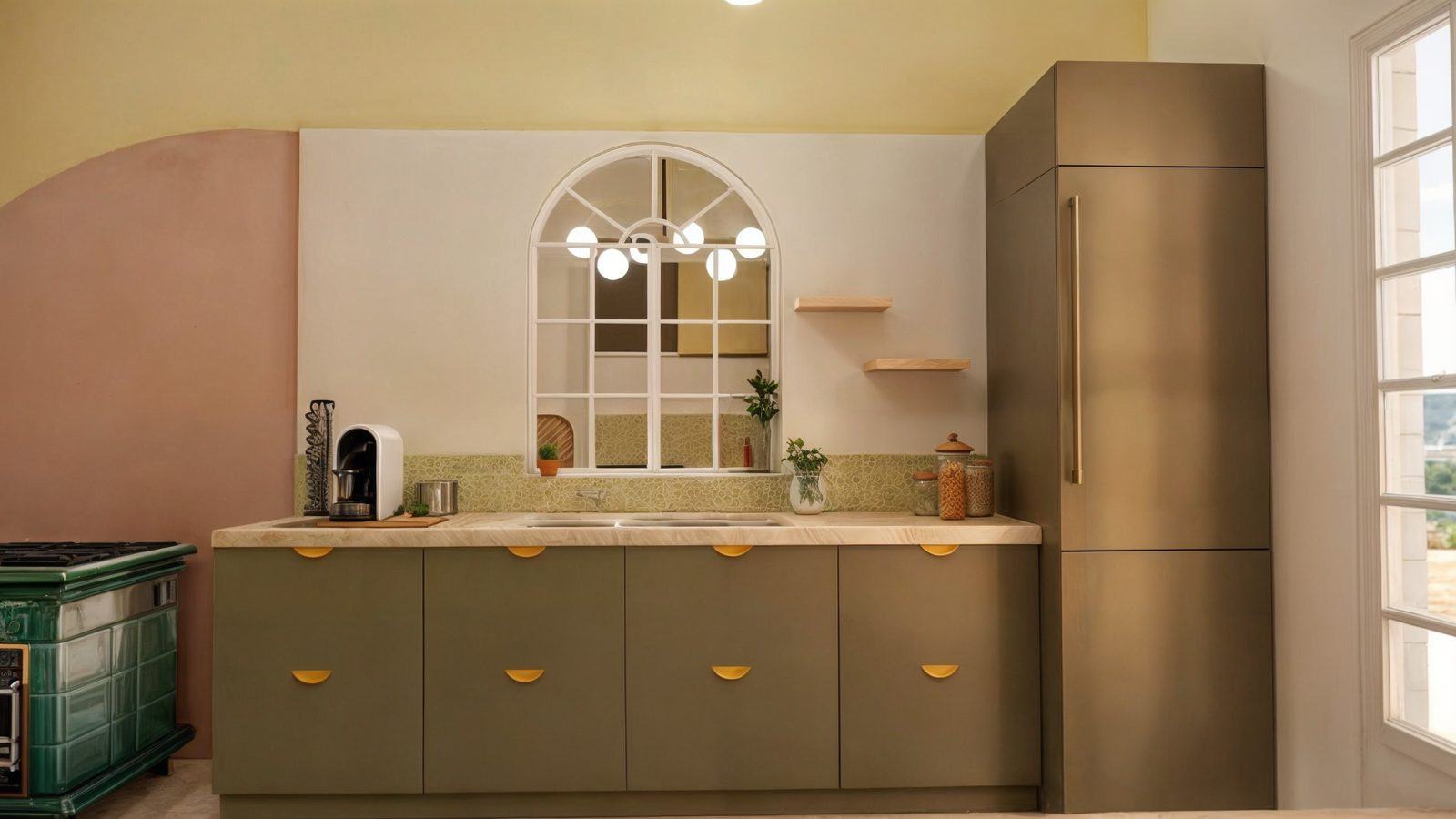 Cuisine — façades vert sauge, porte-fenêtre arquée et miroir cintré