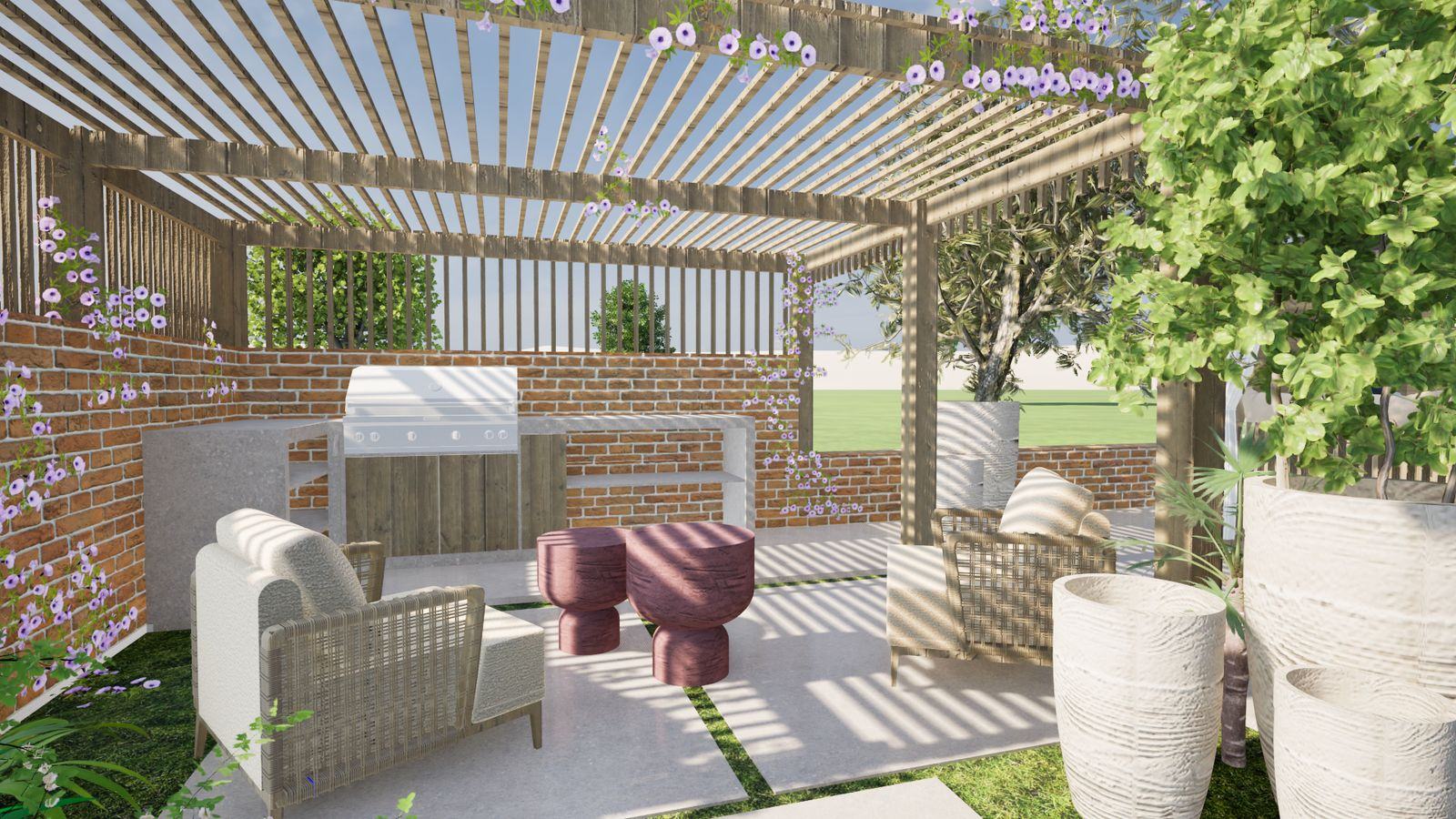 Pergola couverte, plancha et coin détente