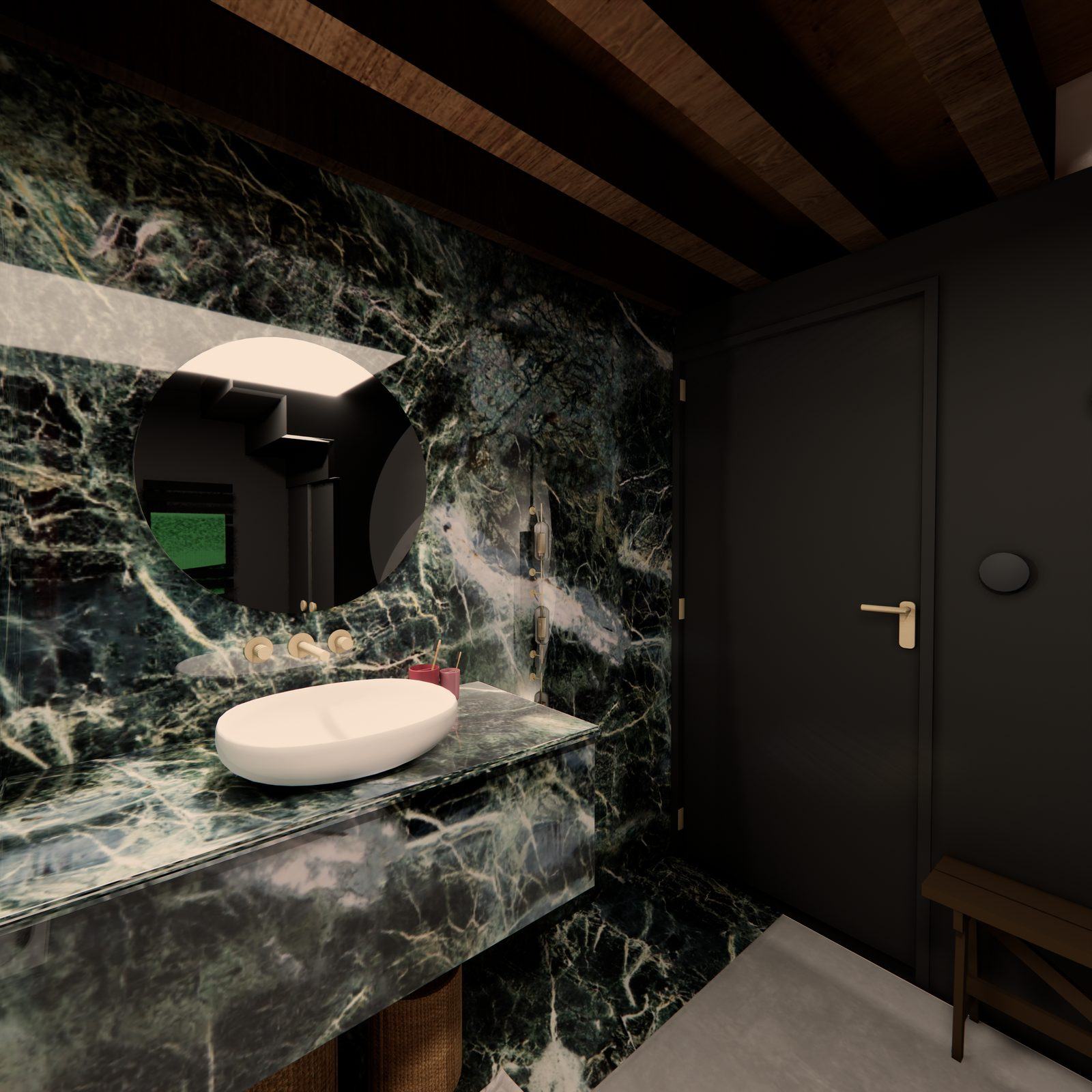Salle de bain — vue 2, lavabo marbre vert et robinetterie dorée