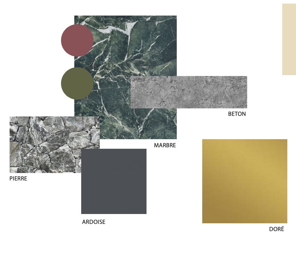 Palette de matières — marbre, pierre, ardoise, béton, doré