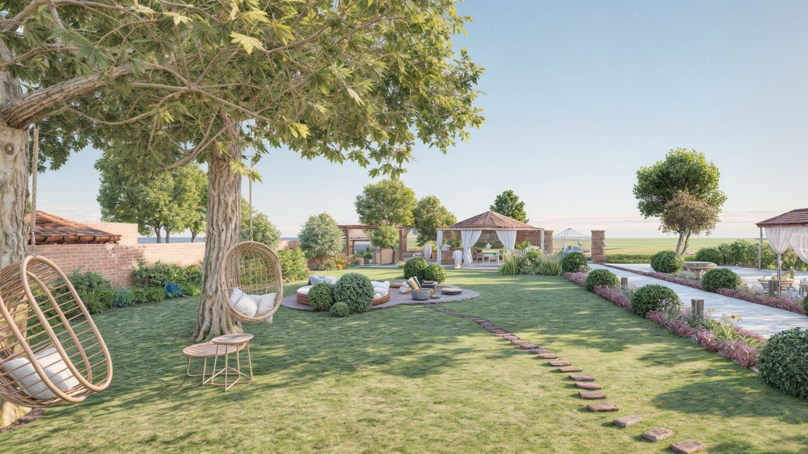 Jardin paysager et perspective vers le gazebo