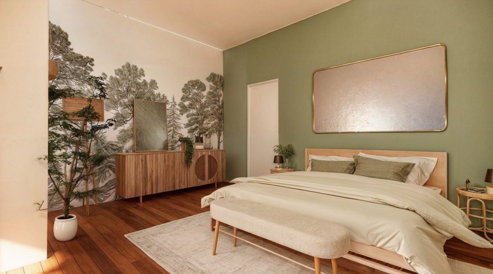 Brocéliande — chambre principale, papier peint forêt